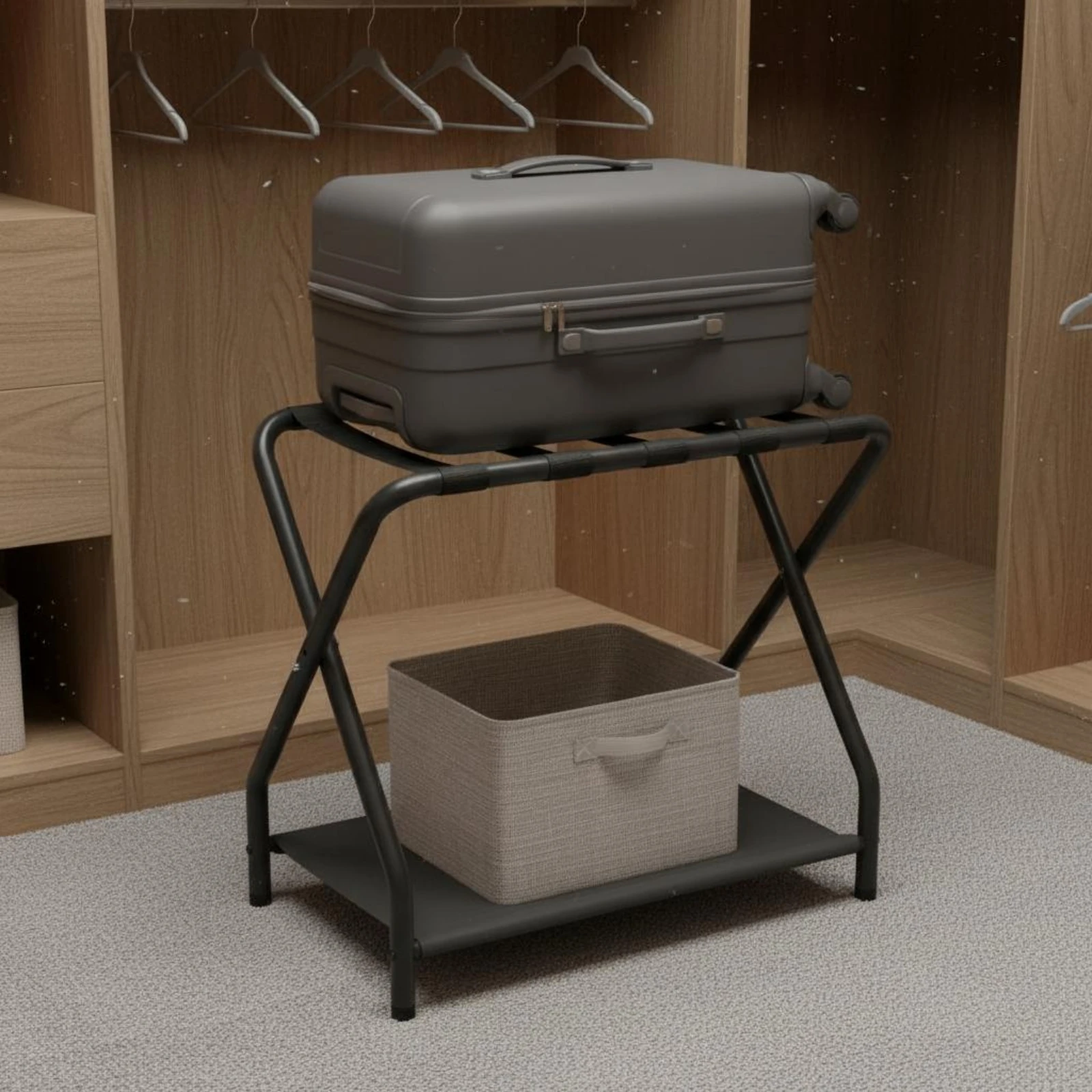 Folding Luggage Rack Compact Foldable Luggage Rack Metal Suitcase Holder Black Travel Gear Space-Saving