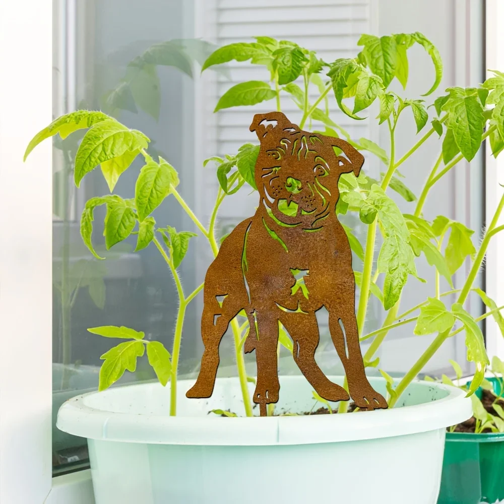 [2D Flat] Rusty Garden Metal Art Staffy Dog Garden Metal Art Pet Memorial Garden Art Sculpture Rusty Metal Garden Pet Art
