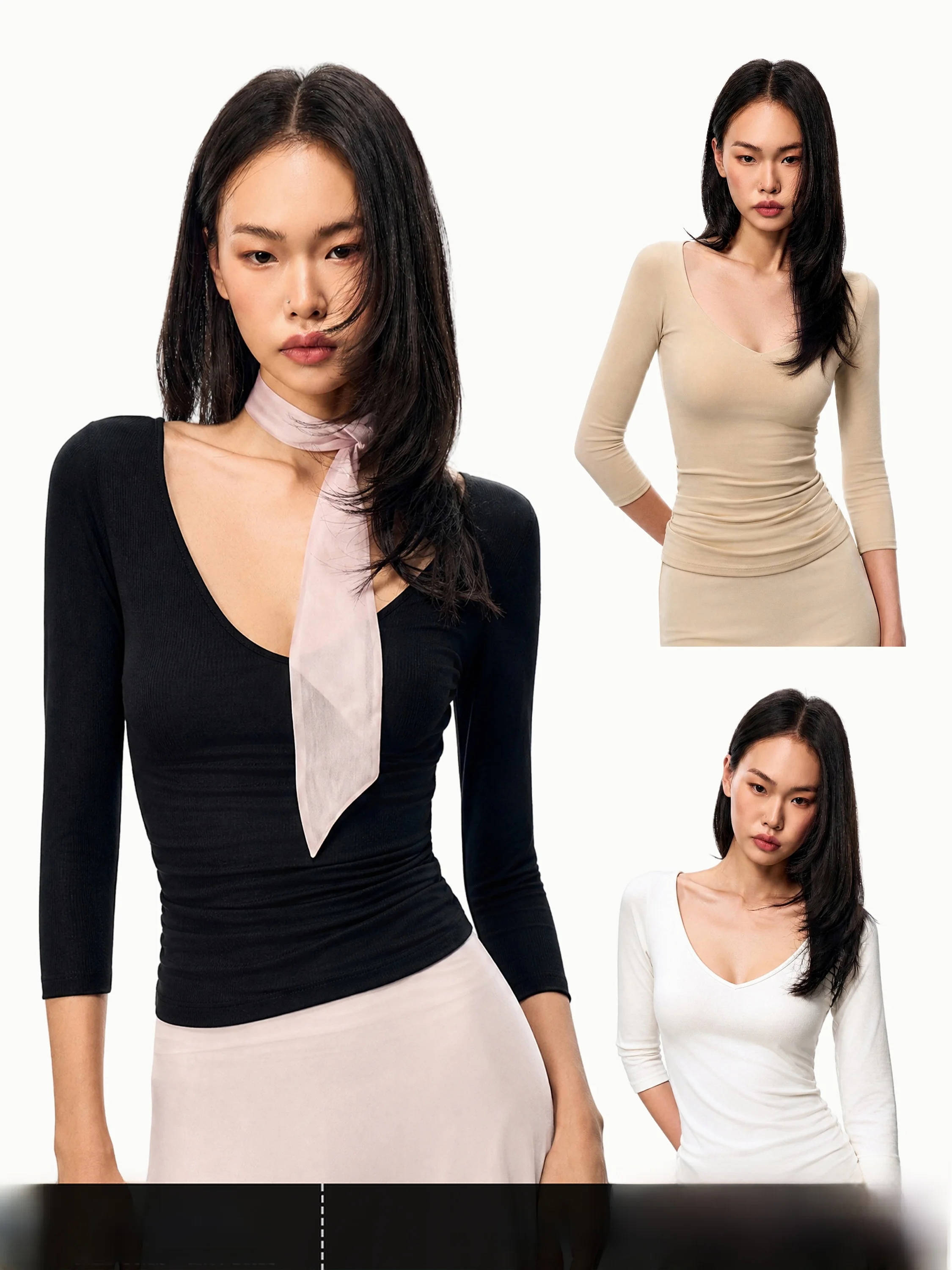 GO GO BURN American Style Pure Color V-neck 7/8 Sleeve T-shirt Women's Fashionable Versatile Slim Fit Basic Top