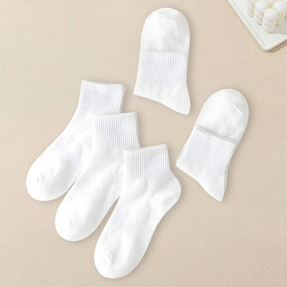 5 Pairs Women Pure White Socks Simple Versatile Comfortable Breathable Deodorizing Quick Drying Lightweight Mid Length Socks