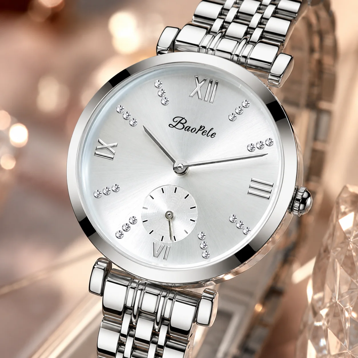 

Women Quartz Watch Silver Stainless Steel Bracelet Roman Numeral Rhinestone Small Second Dial Fashion Wristwatch