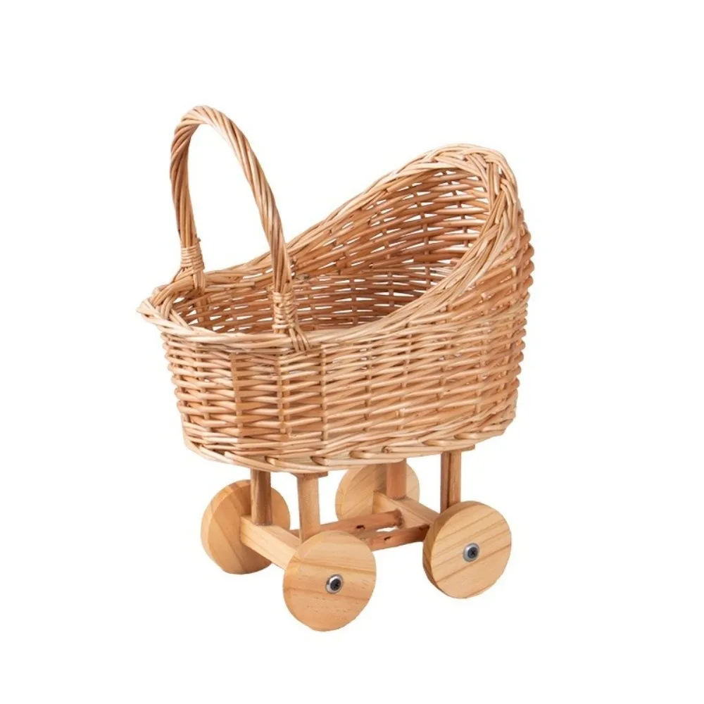 Portable Woven Flower Basket Stroller Shaped with Handle Candy Basket with Wheels Large Carriage Planter For Weddings Showers