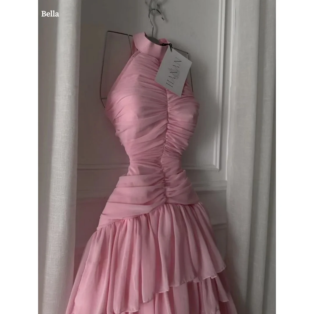 

Bella Customized Blush Pink Halter Ruched Prom Dress Chiffon Tiered Ruffle Party Dresses Midi Elegant Gown robes de soirée 2025