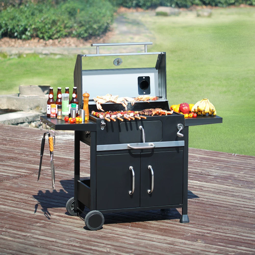 XEOLEO Commercial Outdoor Charcoal BBQ Grills Trolley Portable Cast Barbecue Grid Smoker BBQ Grill With Rotisserie And Cabinet