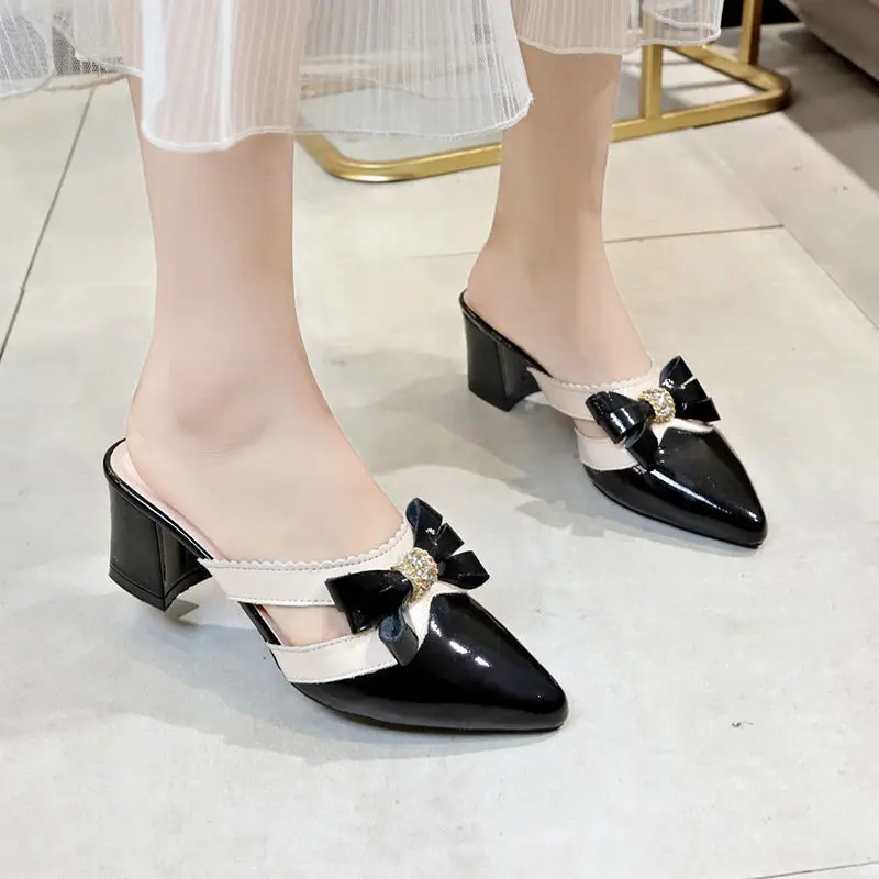 Women\'s Slippers and Ladies Sandals Jewels Summer 2024 Crystals Slides Pointed Toe Shoes Black Heeled Mules Rhenstone with Bow Y