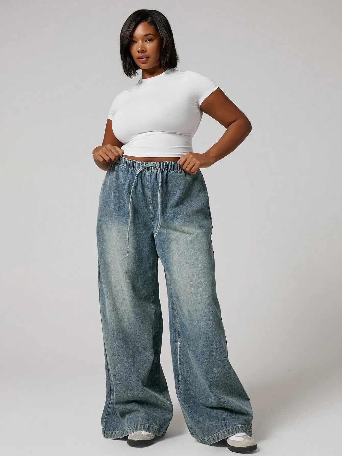 

Джинсы с широкими штанинами и завышенной талией на шнурке, из выстиранного денима, больших размеров, для повседневной носки осенью и зимой