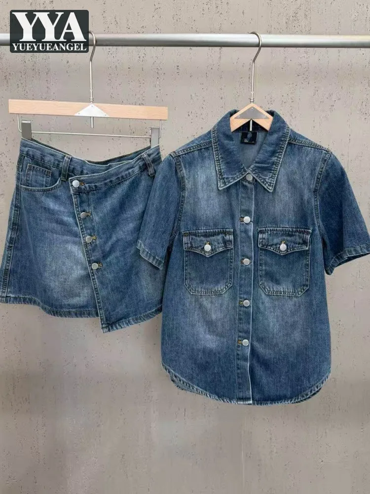 

Summer Womens Vintage Two Piece Set Single Breasted Denim Short Sleeves Shorts Casual Versatile Streetwear Matching Set Outfit