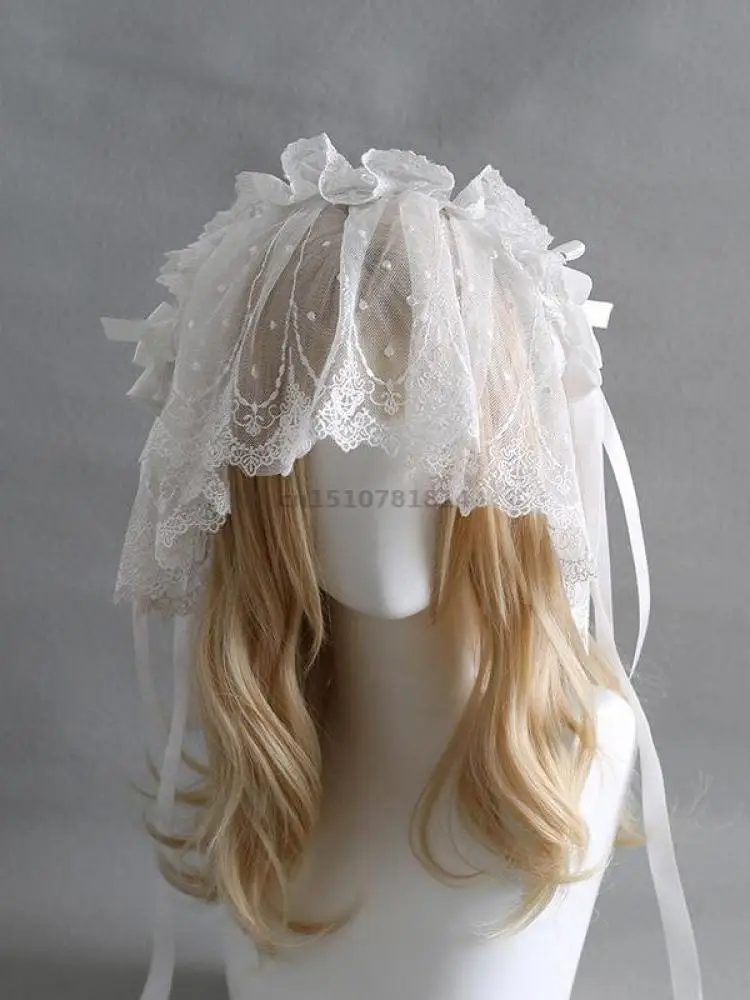 2026 Gothic Lolita Lace Headband Veil Bow Black White Handmade Vintage Harajuku Y2k Cosplay Anime Maid Hair Accessory Women