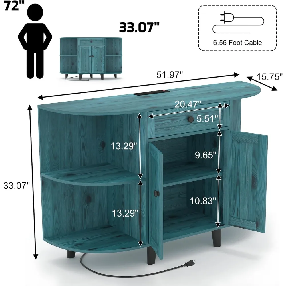 خزانة بوفيه جانبية مع مخرج طاقة، خزانة مطبخ قائمة بذاتها مع مساحة تخزين، بار قهوة مميز مع أبواب، أزرق عتيق