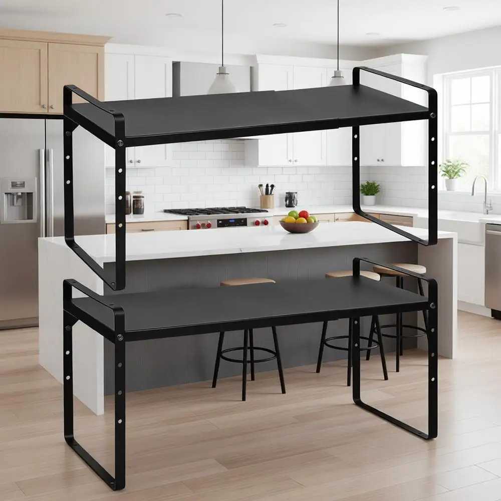 

Expandable Kitchen Cabinet Organizer Shel, 2 Pack 30 LBS Adjustable Kitchen Counter Storage Shelves Organizers, Stackable Small