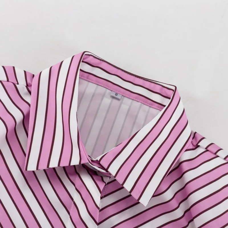Damen Gestreiftes Zweiteiler-Outfit mit Revers-Langarmhemd, Tailliertem Schnitt und Plissierten Shorts mit Kordelzug für Büro und Freizeit – Detail 6