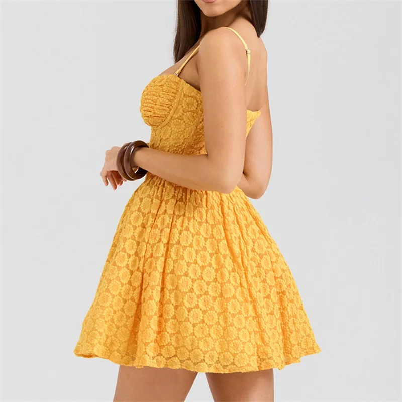 Spaghetti Strap Deep-V Neck Pleated Women's Ball Gown Backless Mid-Waist Short Mini Yellow Sheath Slim Evening Skirt New Arrival