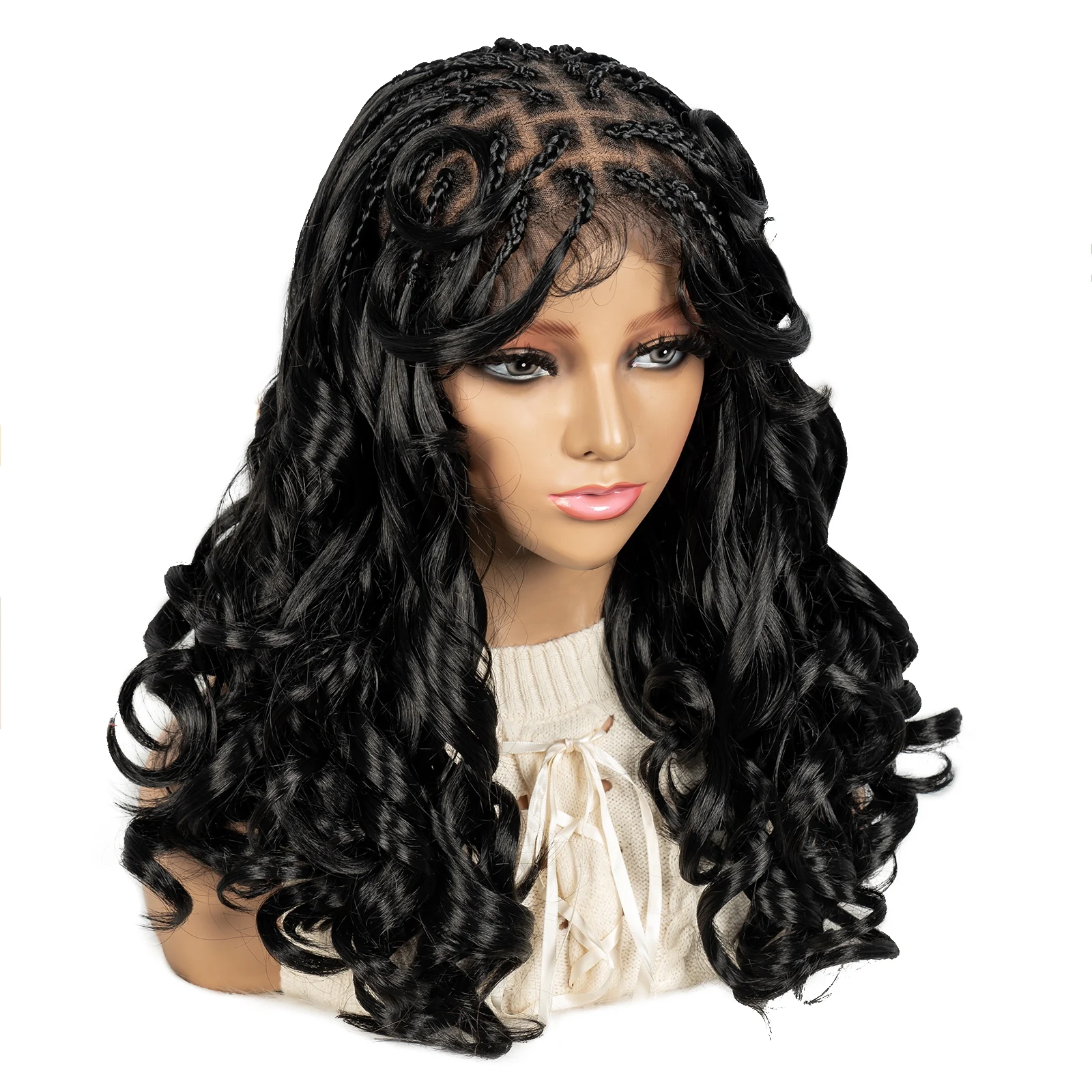 

Full Lace Bouncy Curly Braided Wigs with Bangs Synthetic Natural Knotless Box Braided Lace Wig with Baby Hair for Black Women