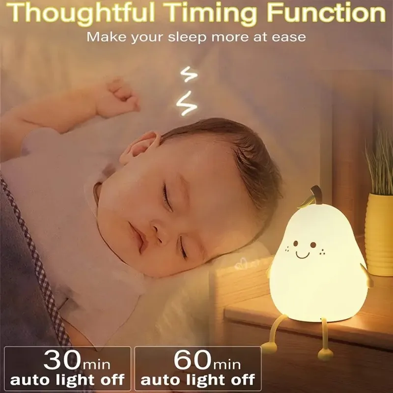 Creative Cute LED Pear Night Light USB Rechargeable Dimming Touch Silicone Table Lamp Bedroom Decoration Couple Gift Boby Light