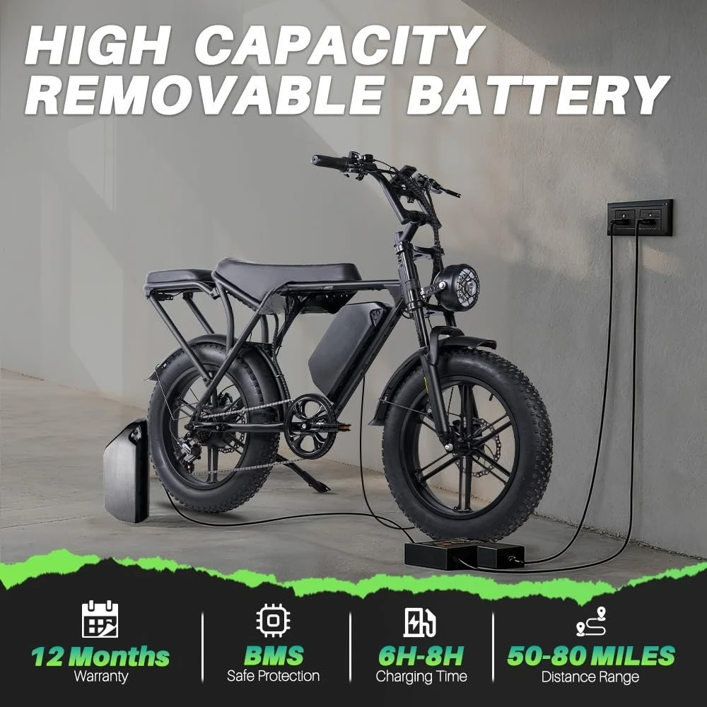 

T8 Electric Bike for Adults High Power 1500/3000W Peak 28MPH Speed 80/120 Miles Range Fat Tire Moped Style Ebike with Long Batte