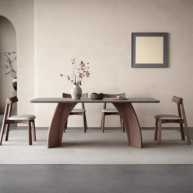 Massivholz-Esstisch aus Felsplatte, moderner, einfacher Esstisch aus Walnussholz, italienischer, minimalistischer, grauer, rechteckiger Steinmöbel für den Haushalt