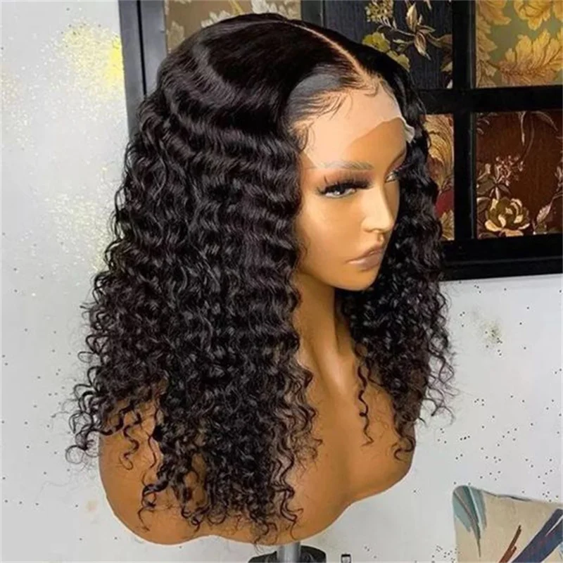 Peruca dianteira longa e encaracolada para mulheres, cabelo preto natural do bebê, resistente ao calor, sem cola, pré-arrancado diariamente, 26 ", 180Density