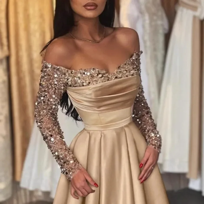 Long Sleeve Sequin Evening Gown Elegant Party Dress for Women 2026 Formal Prom Gown Glamorous Ball Gown Sparkly Night Dress