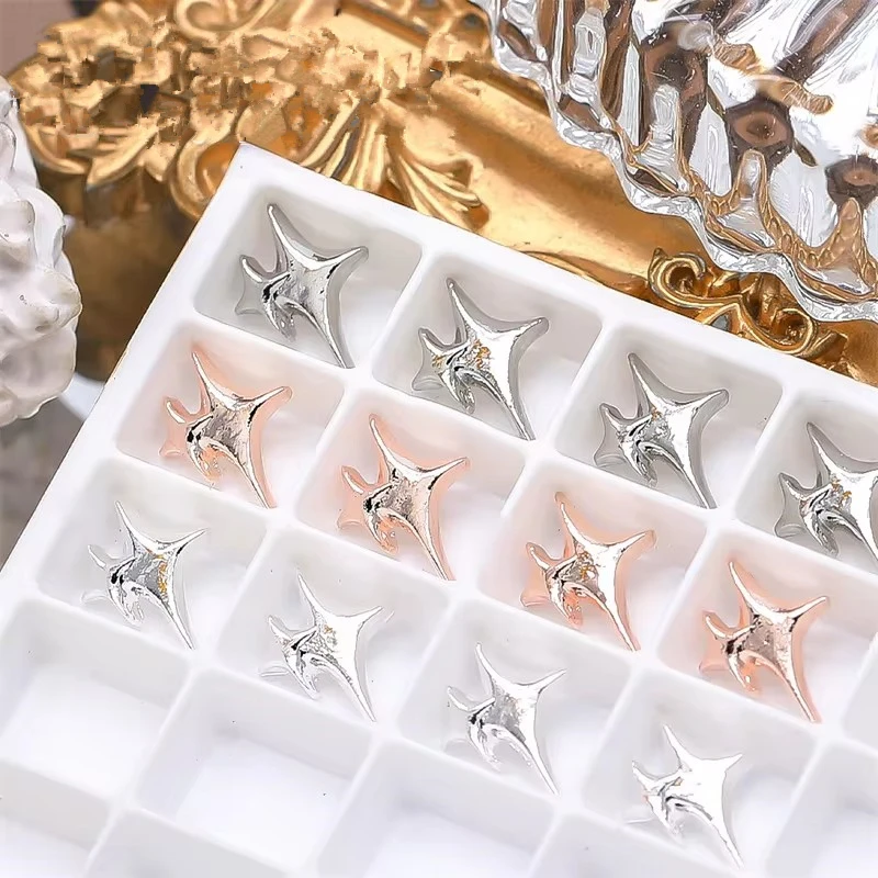 10pcs Exqusitive Nail Star Ornament Luxury Silver Rose Gold Alloy Four Star Nail Charms Flash Meatl Mancure Nail Art Decorations