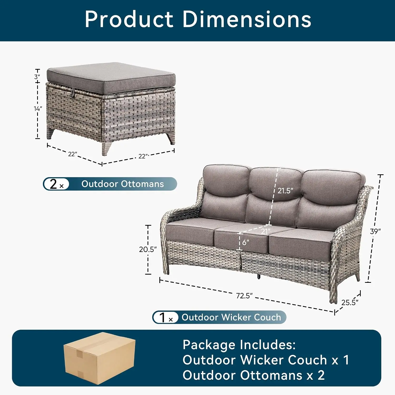 3-Seat Wicker Patio Sofa Set with 6