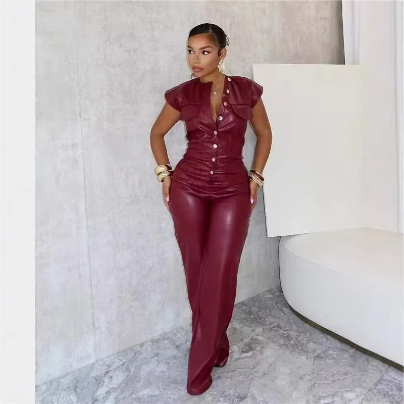 American European New Fashion Women's Solid Color Dark Red Short Sleeve O-neck Wide Leg Straight Pu Leather Jumpsuits Female
