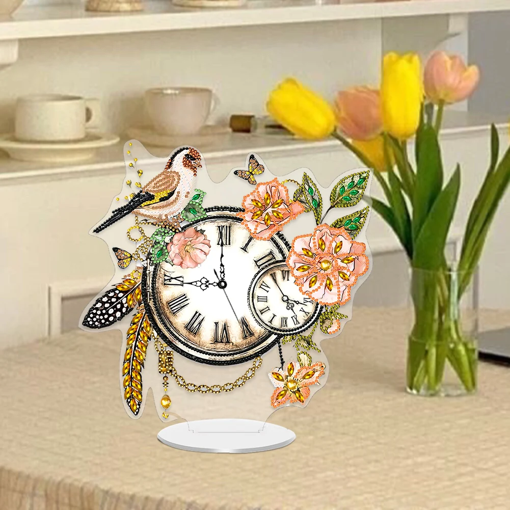 Acrylic Special Shape Flower Bird Diamond Painting Clock Ornaments Kit for Home - view 5