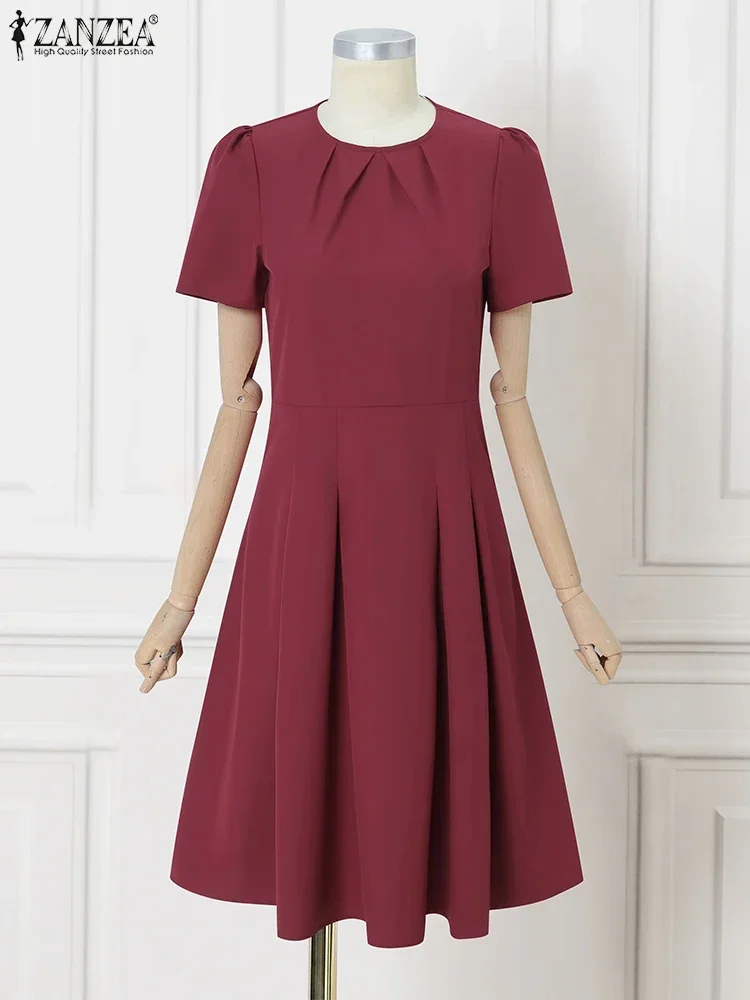 

Women Elegant Pleated Midi Dresses ZANZEA 2025 Fashion Short Puff Sleeve Fitted Waist Solid Robes Summer A-line Party Vestidos