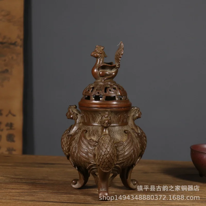 Pure Copper Three Phoenix Support Treasure Home Decor Antique Xuande Burner Incense Crafts