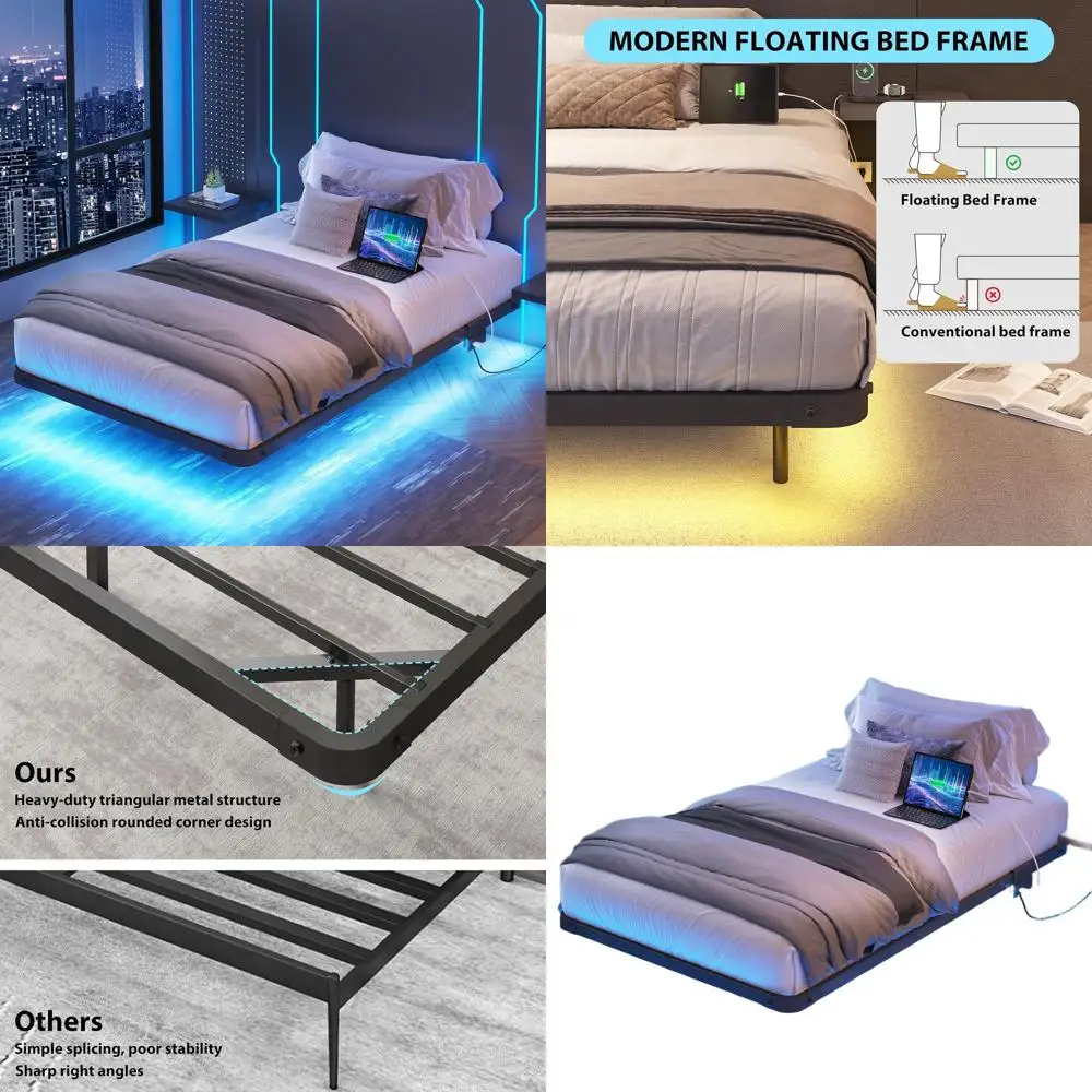 

Modern Black Twin Floating Bed Frame with LED Lights and Charging Station, Easy Assembly Metal Platform Bed