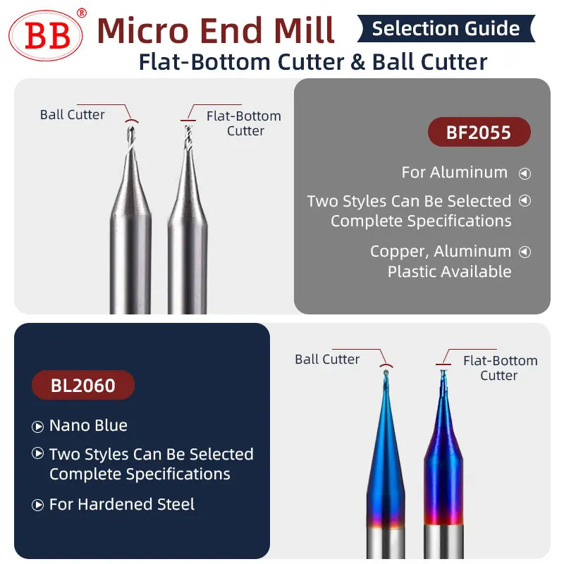 BB Micro End Mill Mini Flat Ball Nose Milling Cutter 2F CNC Precision Machining Steel Copper Aluminum Hard Steel 0.1mm~0.9mm