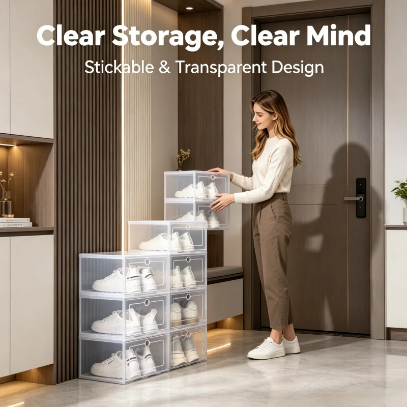 6 Pack Stackable Clear Shoe Storage Organizer Plastic Dustproof Sneaker Boxes Closet Bedroom Entryway Shoe Rack for Women