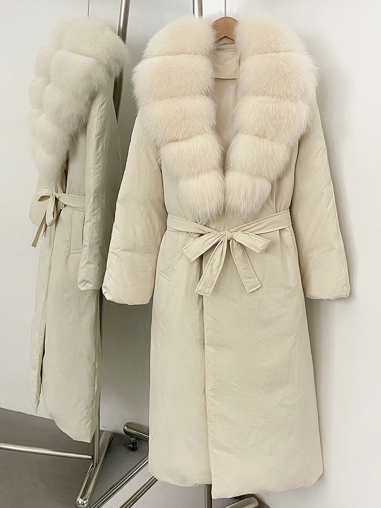 MENINA Echter Fuchspelzkragen, flauschige Pufferjacke, weiblich, 2025, lange Winter-Daunenkleidung, Damen, verdickt, warm, weiße Ente, Daunenmantel