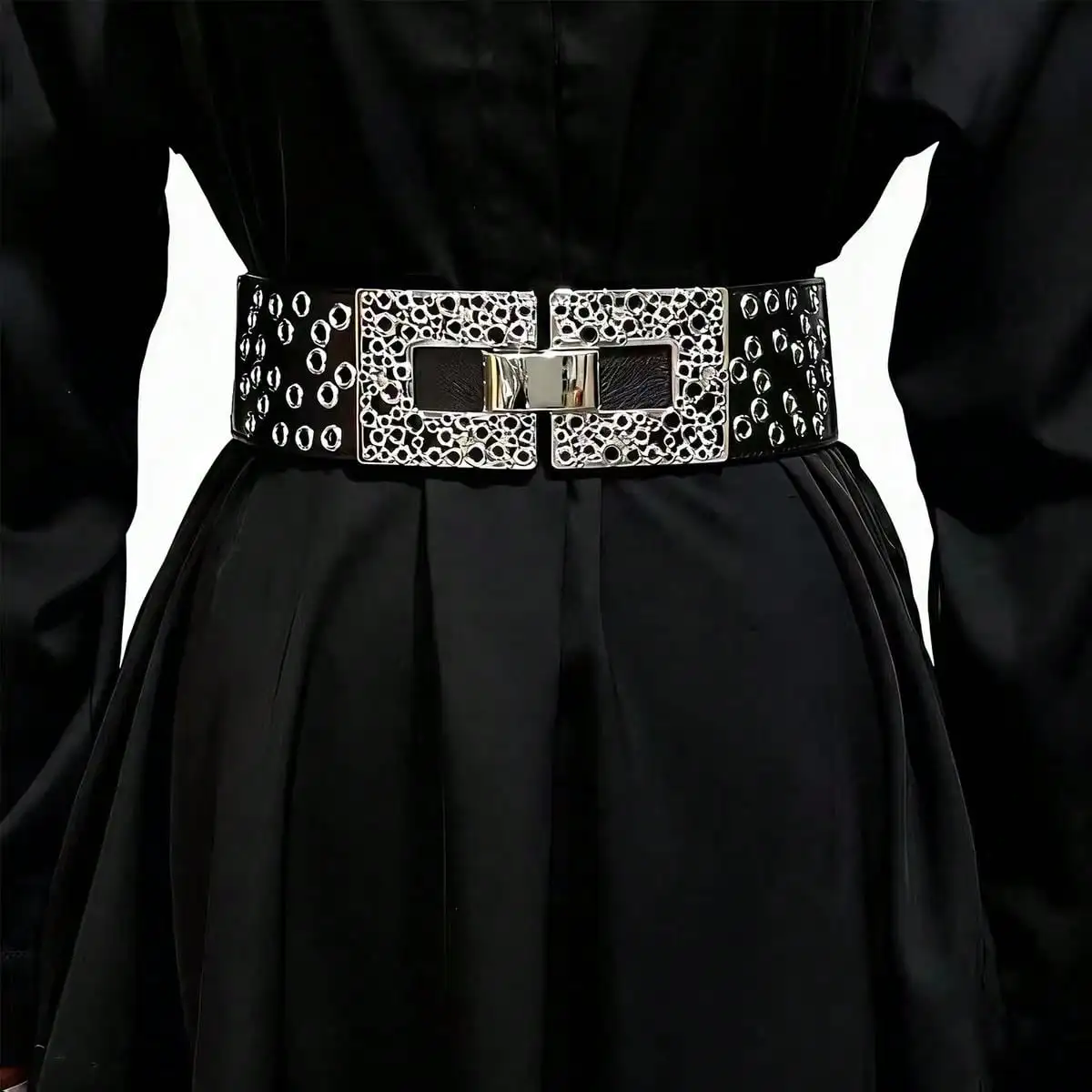cinto-feminino-elastico-simples-largo-com-fivela-prateada-decorativa-para-sueter-e-casaco-trench-novo-estilo