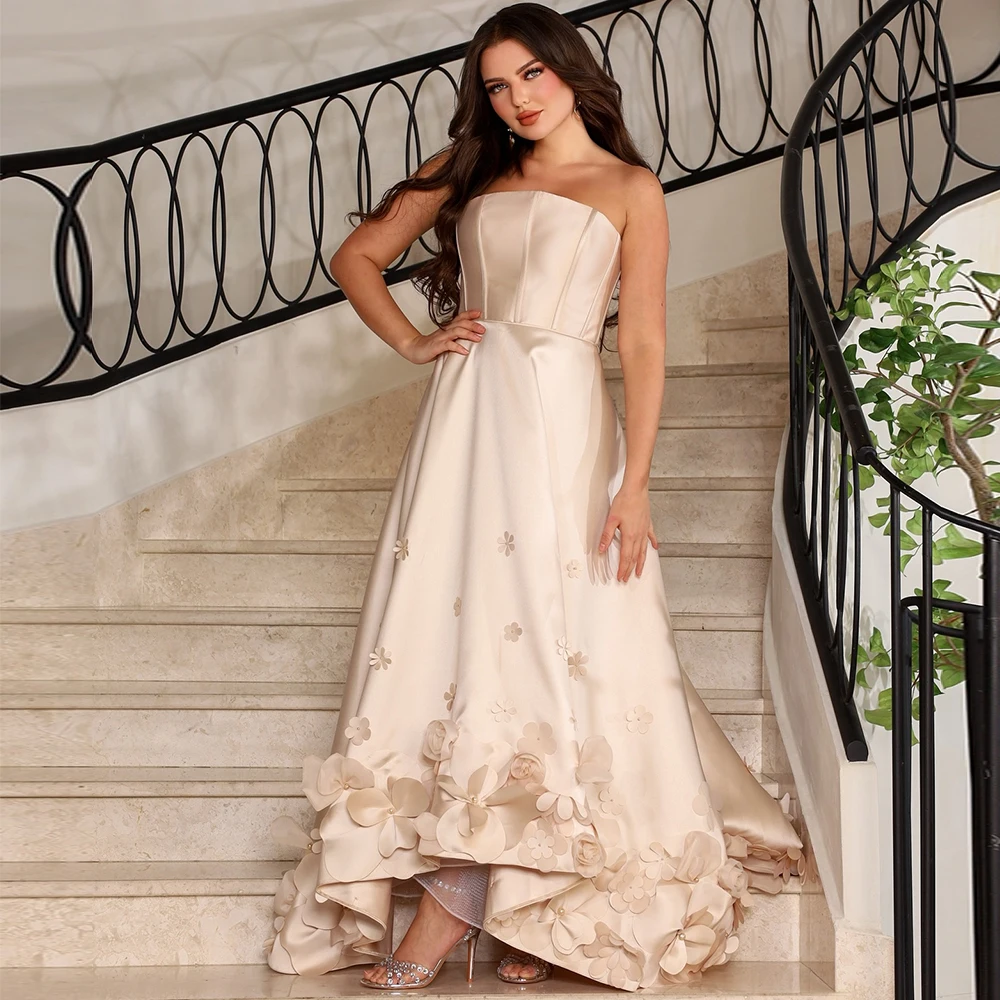 Classic Strapless Satin Evening Dress Exquisite Handmade Flower and Pearl Homecoming Gowns Customized Saudi Arabia Party Dresses