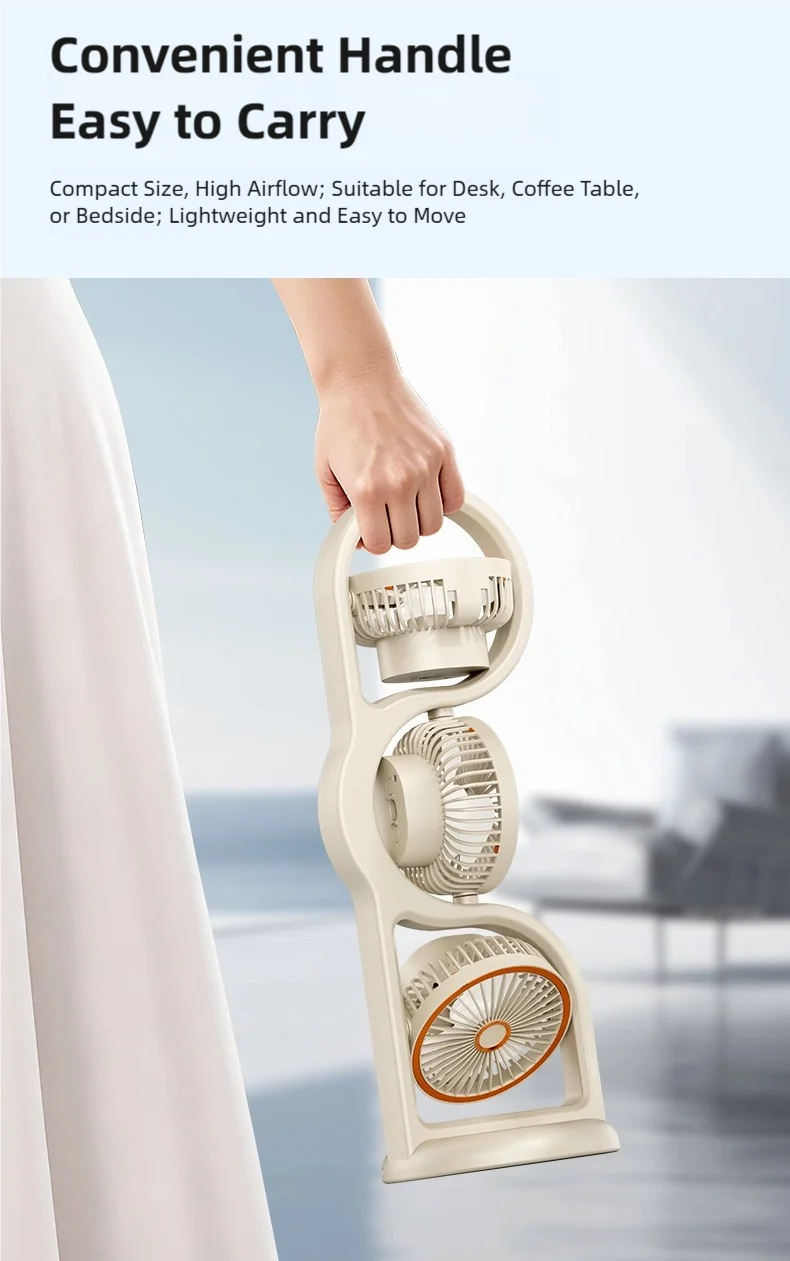 TINSOL 2026 New Portable USB Rechargeable Three-Head Fan – 360° Circulation, 5-Speed Wind, Dormitory and Outdoor Desktop Fan