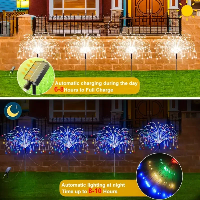 Luces solares de fuegos artificiales súper brillantes, lámpara de diente de león para césped, impermeable, decoración de jardín, 320LED, 4 en 1