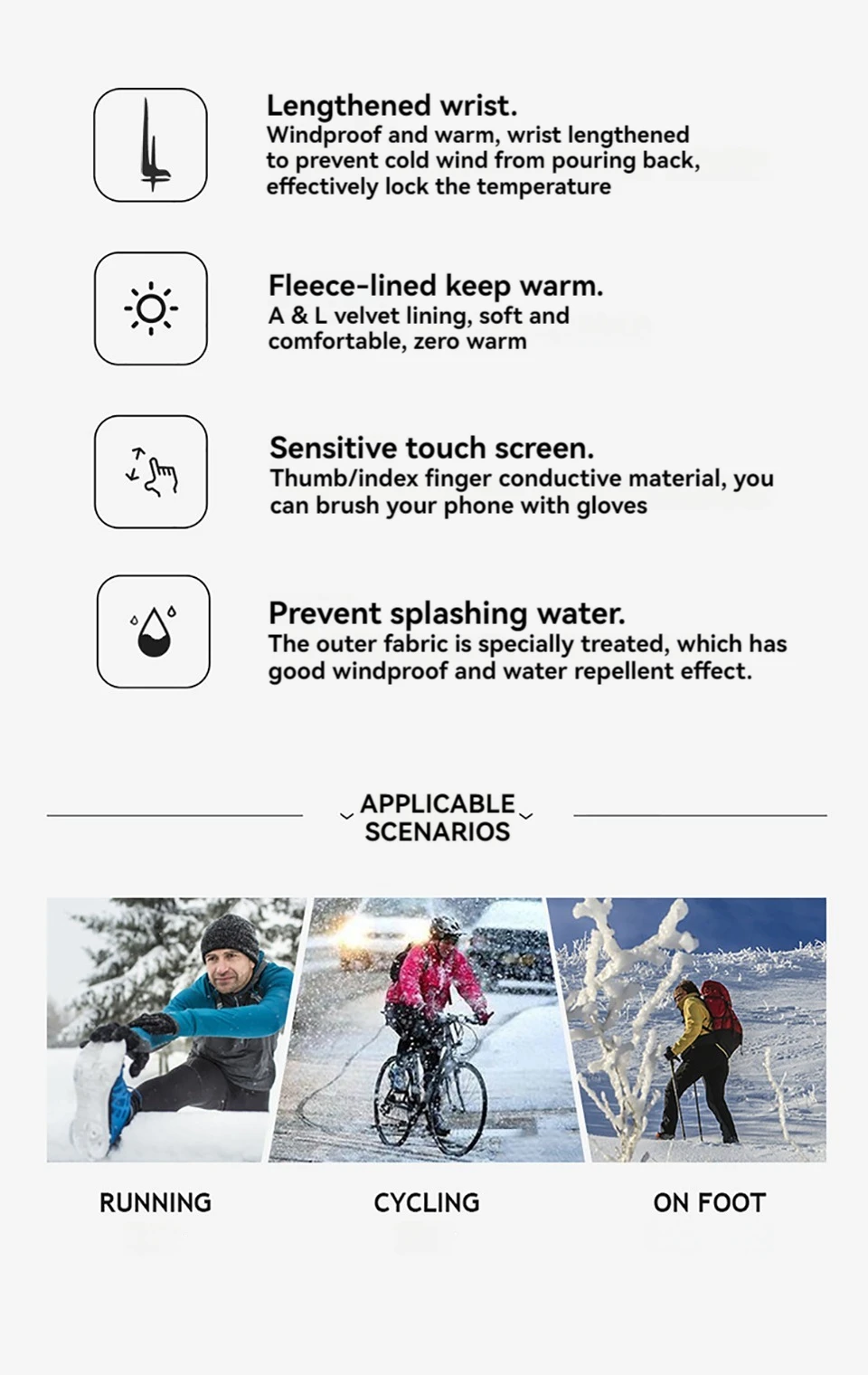 GTUBIKE Winter-warme Handschuhe für Männer und Frauen, verlängerte, verdickte, wind- und wasserdichte Sport-Touchscreen-Ski-Fahrradhandschuhe – Detail 2
