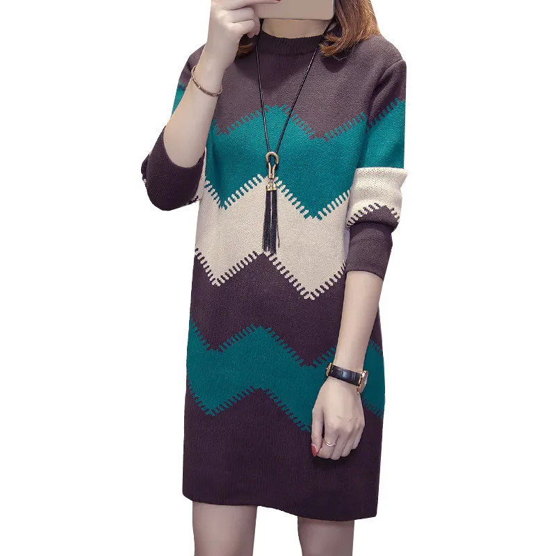 

Winter New Women Mid-Length Knitted Sweater Dress Korean Fashion O-Neck Office Female Pullover Knitwear Loose Ladies Tops G2730