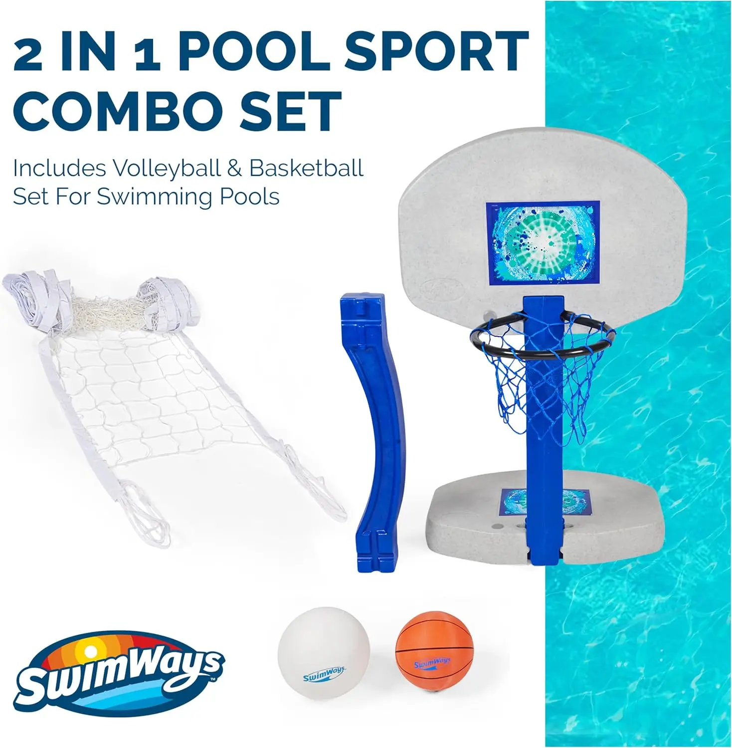 Pool Sport Combo Set - Volleyball Net & Outdoor Basketball Hoop for in- & Above Ground Pool, Outdoor Games for Adults and Family