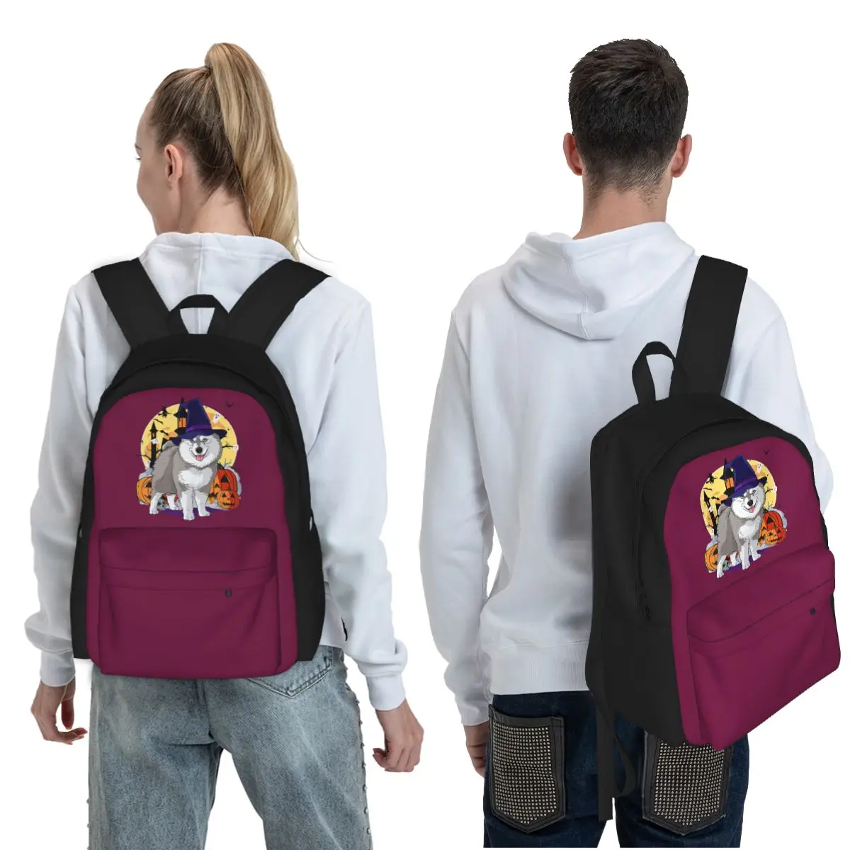 Happy Halloween Pomsky Dog Witch Pumpkin Student Backpack School Bag Hiking Travel Daypack Fashion Bookbag Shoulder Bags