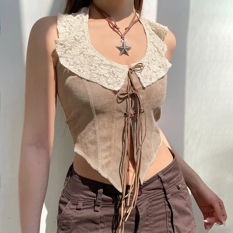 Amerykański koronkowy kołnierzyk, krawat na szyję, nieregularny dół, kardigan, dopasowany krój, seksowna kamizelka dla dziewczynki, odzież damska