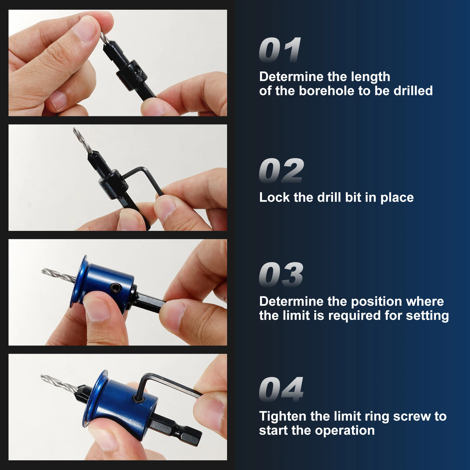 4PCS Hex Shank Countersink Drill Bit Set with Depth Stop Woodworking Chamfer Counter Replaceable Drill Bits HSS Reamer Chamfer C