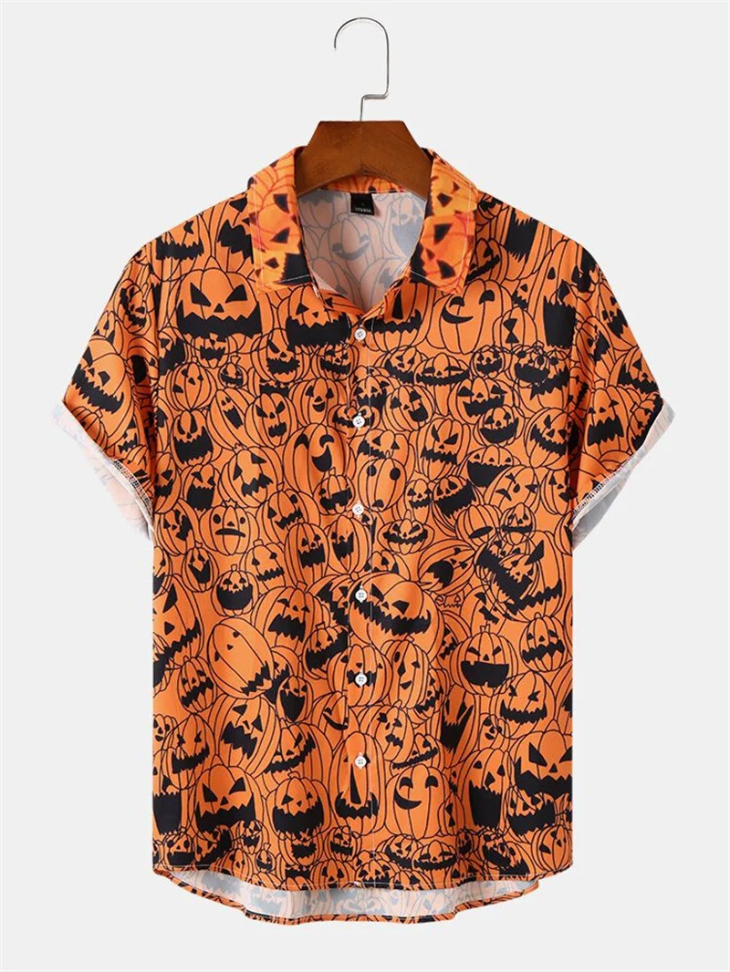 Men\'s Fashion Halloween Shirt Summer Cute Style Men\'s Clothing Party Holiday Men Top Pumpkin Head Print Boys\' Short Sleeve Shirt