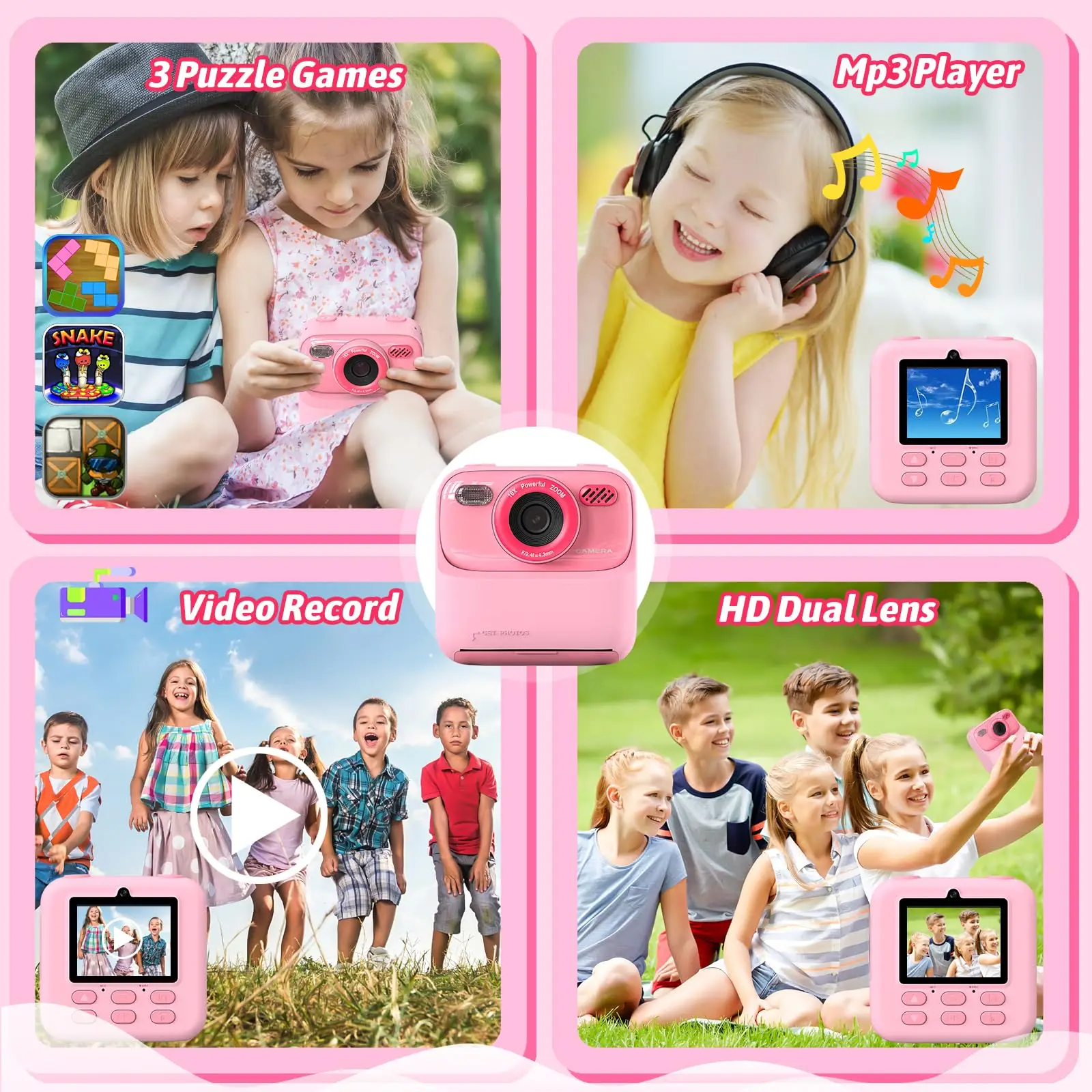 Upgrade Kids Camera Instant 1080P HD Dual Lens Selfie Digital Camera for Girls Boys Christmas Birthday Gifts Toys With 32G Print