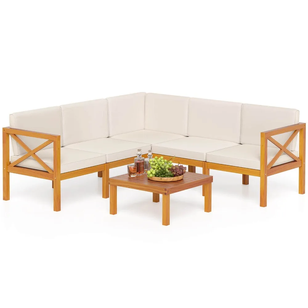 

Set of 6 Acacia Wood Patio Furniture Set w/ Cushions & Coffee Table Off White