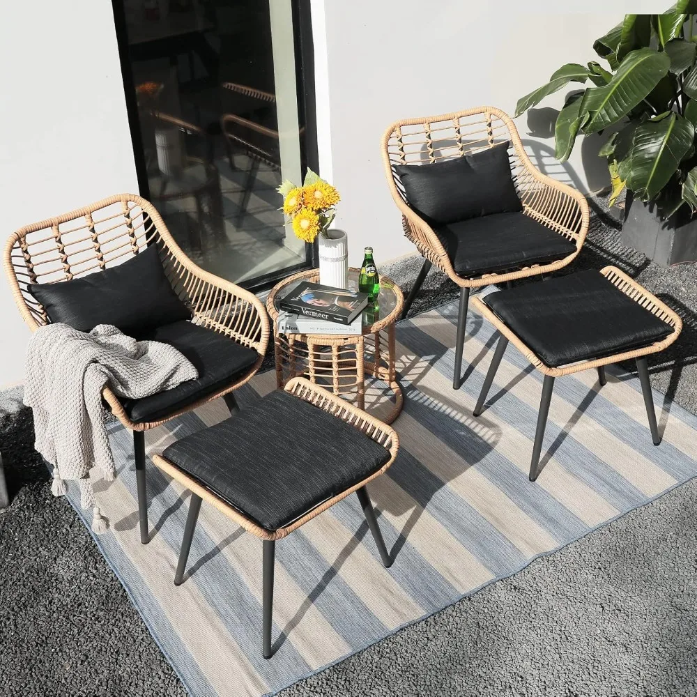 

5 Piece Outdoor Wicker Furniture Set, Rattan Bistro All Weather Conversation Set with 2 Ottomans and Coffee Side Table