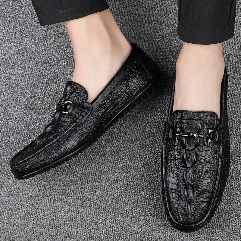 Italian Handmade Shoes Genuine Leather Black Formal Shoes Casual Loafers Men\'s Crocodile Pattern Fashion Check Moccasins Shoes