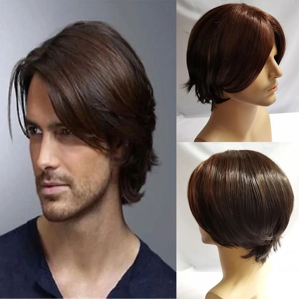 WHIMSICAL W-pelucas sintéticas de pelo corto para hombre, pelo Natural degradado para uso diario, resistente al calor, transpirable, a la moda