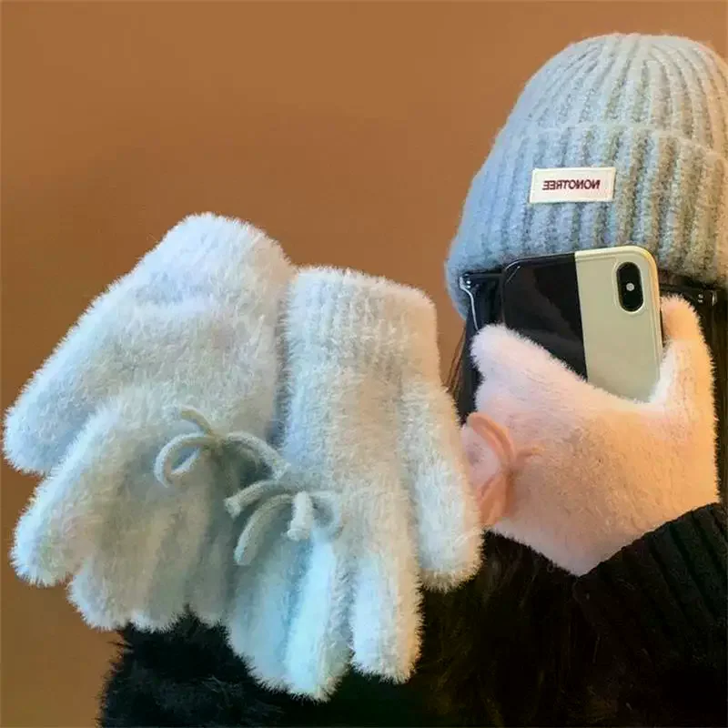 لطيف الحلو القوس قفازات قطيفة قفازات مقاومة للبرودة طالب شتاء دافئ خمسة أصابع قفازات النساء الإكسسوارات هدايا عيد الميلاد