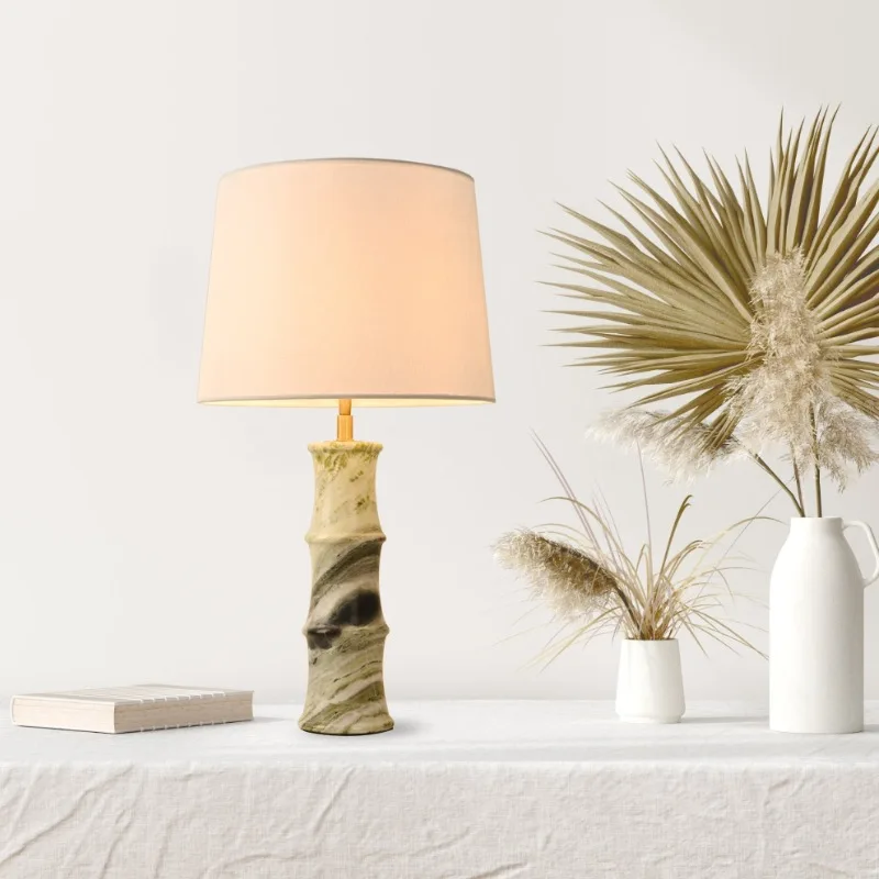 Luz de luxo textura verde mármore bambu candeeiro mesa simples decoração criativa linho pequena borghesia